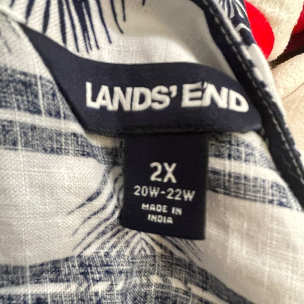 Lands' End Short Sleeve Linen Shirt Blue White Striped Palm Leaf Cruise Wear 2X - Picture 2 of 6